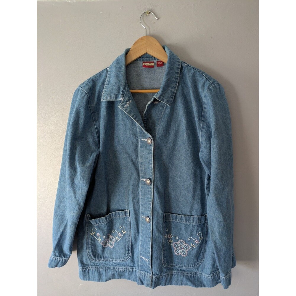 Vintage Embroidered Denim CHORE Coat Jacket Cottagecore Coastal Grandma Sz Large